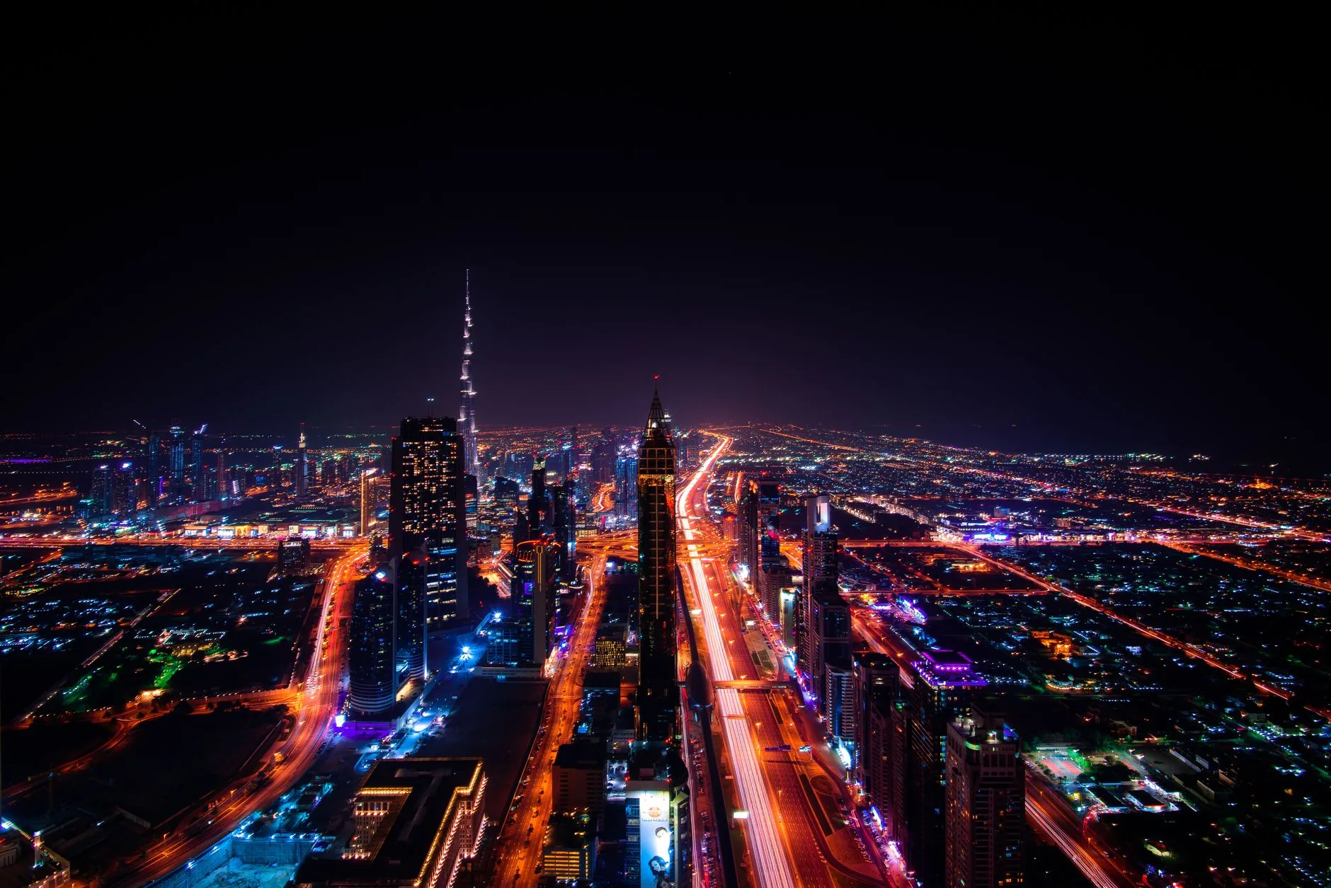 Aerial night view of the Dubai skyline
