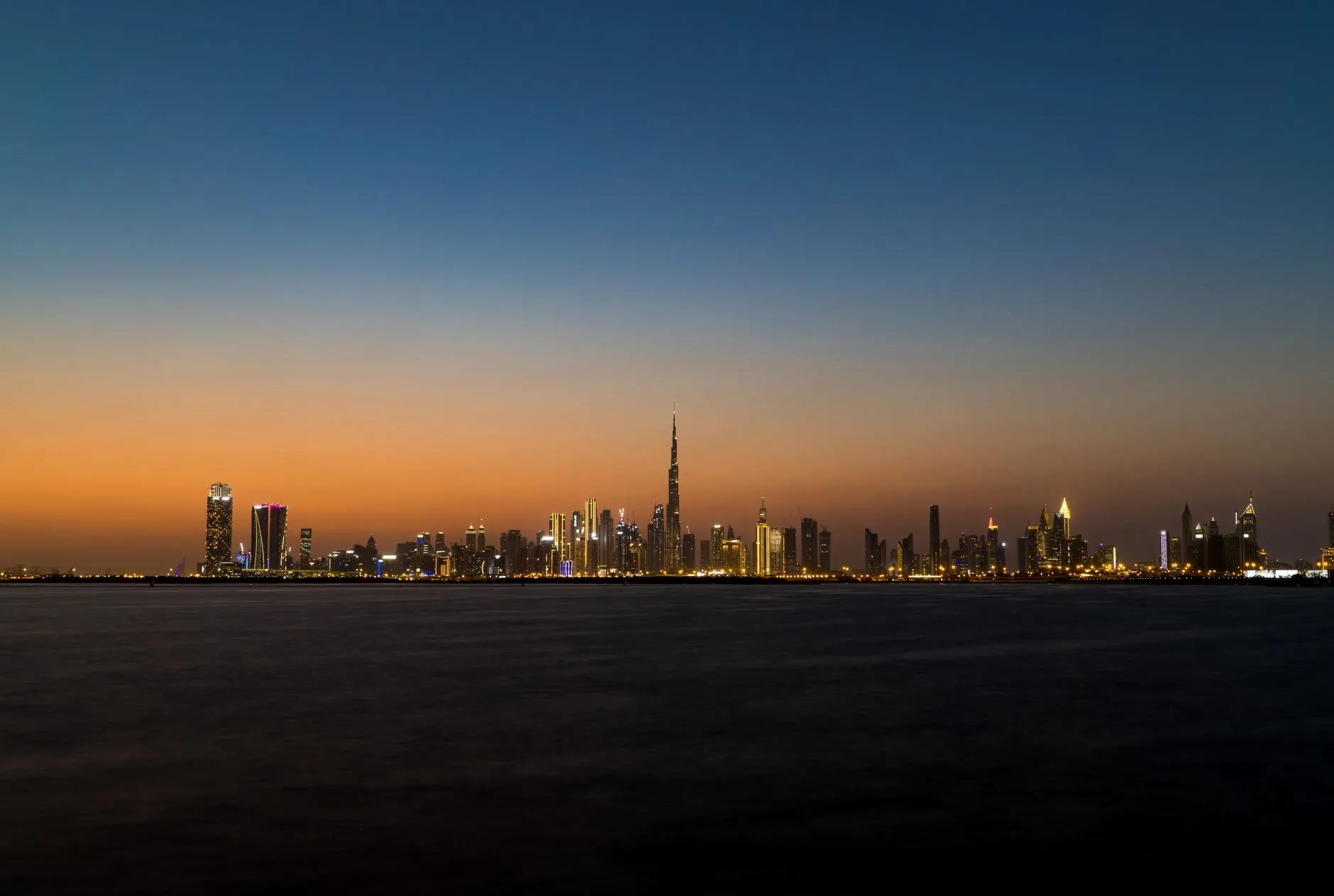 Dubai skyline at twilight in the United Arab Emirates