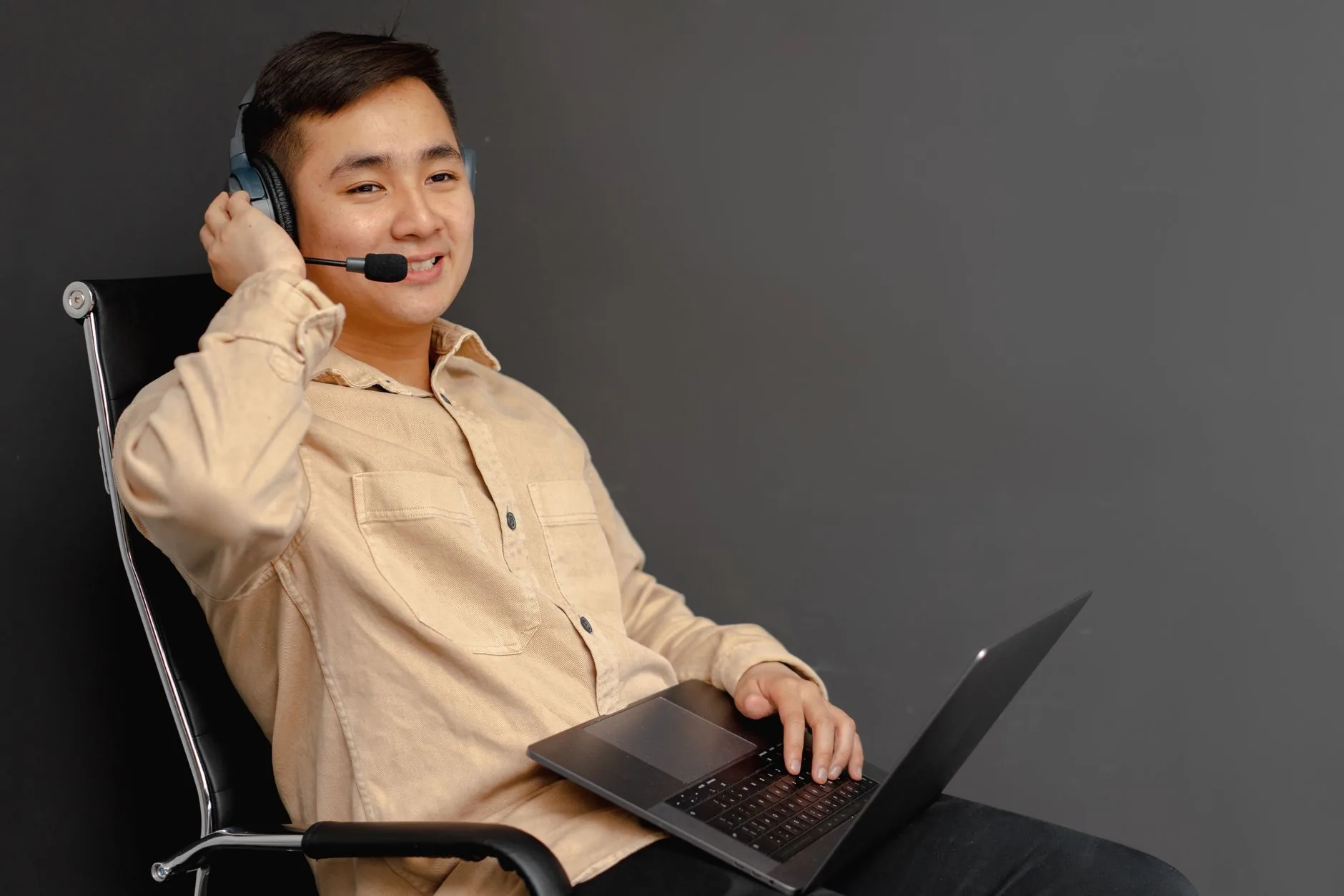 Customer support agent wearing a headset